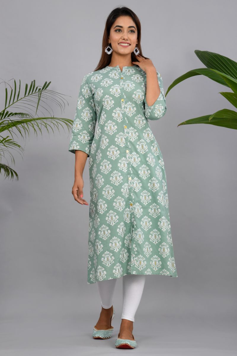 Green & White Printed Cotton Kurta with Mask - Purely Lush